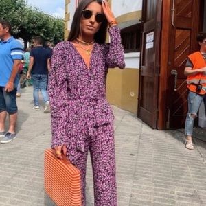 Zara Pink & Blue Flower Printed Flared Trousers